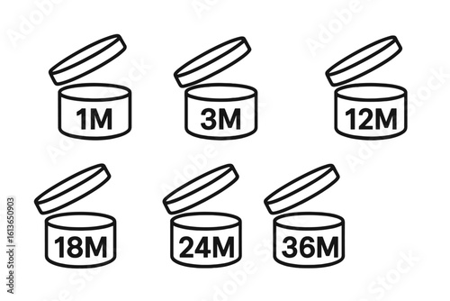 Period After Opening PAO symbol set. Cosmetic open jar icon with month expiration date. Skincare and beauty product package label. Useful life after opening vector sign.
