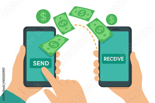 Money transfer vector. Online payment concept. Send and receive money wireless with phone. Smartphone with banking app. Capital flow, earning. Financial savings. E-commerce.