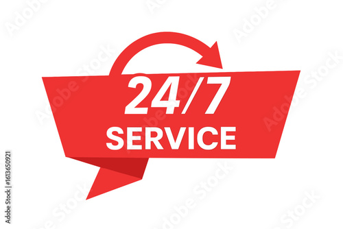 Red banner 24/7 service icon. Vector concept for always open, 24 hours a day, 7 days a week customer support. Nonstop assistance and call center availability sign.