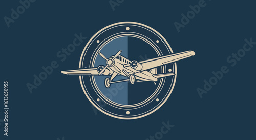 VintageStyle Airplane Illustration within a Circular Emblem Featuring Detailed Propellers and Landing Gear.