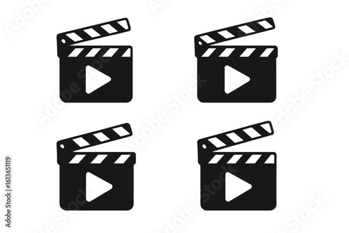 Set of 4 Black Clapperboard Icons with Play Button in Flat Style, Movie Film Clapperboard Vector Illustration, Filmmaking and Video Production Equipment Design