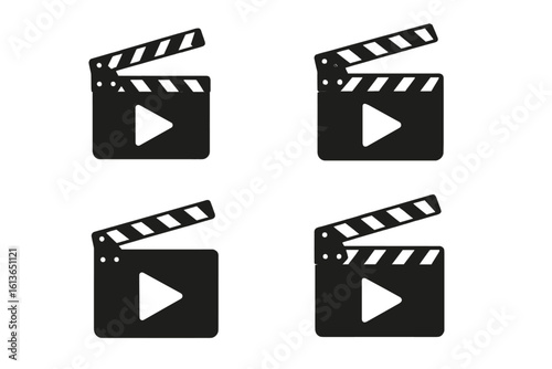 Movie clapper board vector icon set. Film clapperboard with play button for video player. Filmmaking equipment, cinema production symbol. Flat style slate illustration.