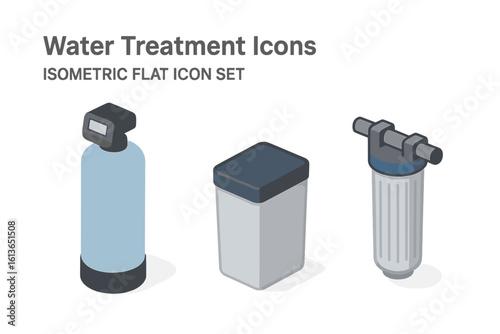Water treatment icons. Isometric flat icon set of basement water treatment and softening equipment. Water softener tank, brine tank, filter. Vector illustration isolated.