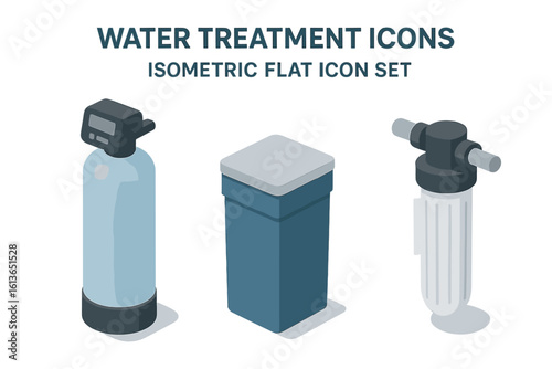 Water treatment icons isometric flat icon set. Basement water softening and filtration system. Vector illustration of a water softener tank, brine tank, and filter.