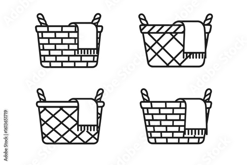 Wicker basket icon set with draped blanket. Laundry hamper outline vector collection. Cozy home decor storage concept. Minimalist hygge lifestyle illustration symbol.