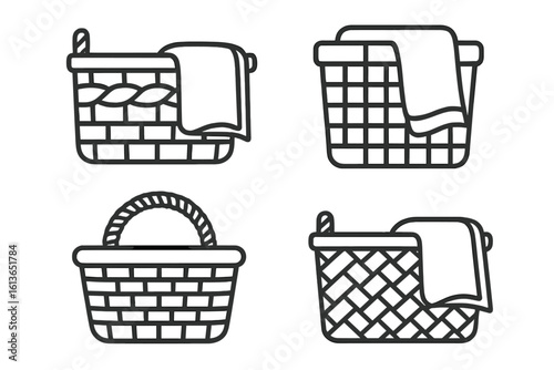 Wicker basket icon set. Outline vector collection of laundry hampers, picnic and storage baskets with woven patterns and handles. Household item for organization or cleaning.