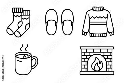 Cozy winter icons set. Hygge lifestyle concept for home relaxation. Outline vector illustration collection with wool socks, knit sweater, slippers, hot cocoa, fireplace.