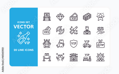 VIP icons. Event benefit. Line stroke membership ticket or exclusive admission. Luxury special star. Member coupon badge. Premium quality. Celebrity club loyalty. Vector symbols set