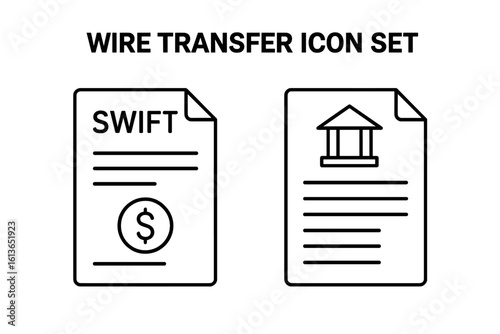 Wire transfer outline icon set. SWIFT international payment system and beneficiary bank details document. Financial transaction, money transfer, and banking form concept.