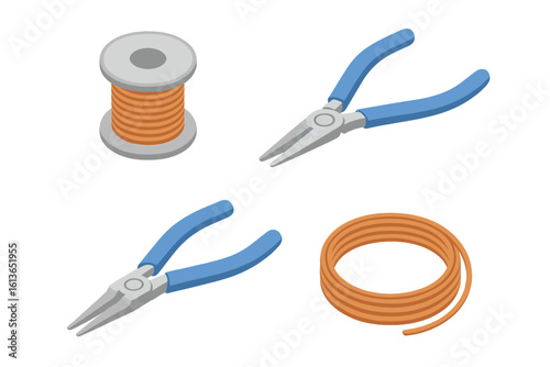 Wire wrapping tool icon set for jewelry making. Isometric vector illustration of craft supplies including round-nose pliers, chain-nose pliers, copper wire spool, and coil.