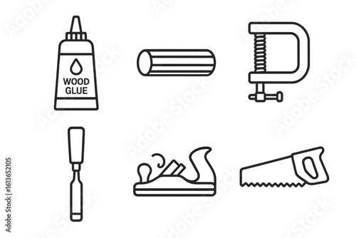 Woodworking tools outline icon set. Carpentry and joinery equipment vector illustration. Includes wood glue, dowel, clamp, chisel, wood plane, saw for DIY projects.