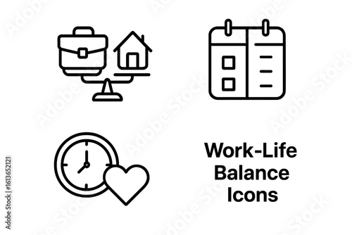 Work-life balance icon set. Vector outline icons of scale with briefcase and home, split calendar, clock with heart. Metaphor for harmony between career and family life.