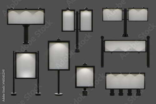 Billboard mockup. Vertical or horizontal city signboard. Outdoor board frame. 3D poster mock up. Advertising sign template. Lightbox display. Vector realistic roadside marketing banners set