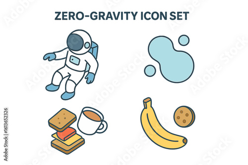 Zero gravity icon set. Isometric flat icons of space experiences. Floating astronaut, liquid bubble, food, sandwich, banana, coffee. Vector for infographics.