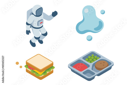 Isometric space icon set. Astronaut in zero gravity, floating water drop, sandwich and space food meal tray. Cosmonaut exploration and cosmic life vector graphics.