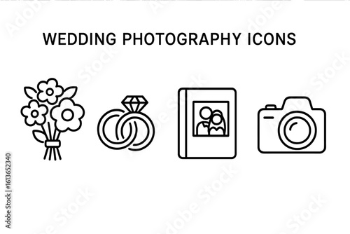 Wedding photography icons set. Simple line art collection for marriage ceremony and celebration. Includes camera, photo album, couple portrait, flower bouquet, and diamond rings.
