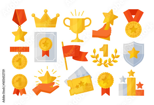 Medal icons. Win prize, crown badge as success award trophy. Star, red ribbon sport stickers. Championship winner celebration, victory ceremony isolated objects. Vector design elements