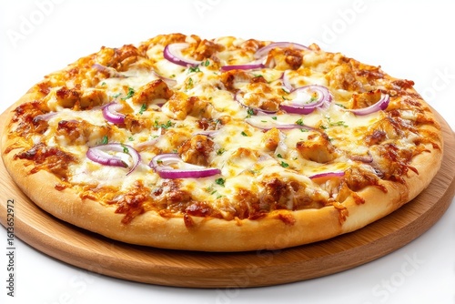 Deliciously prepared chicken and red onion pizza with melted cheese and fresh parsley isolated on white background
