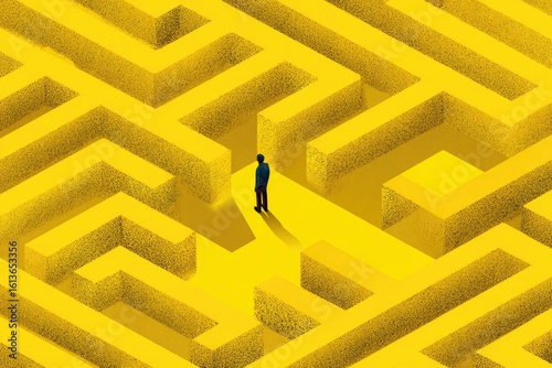 A person stands in a large, yellow maze