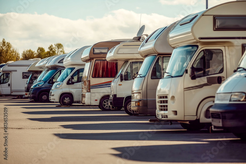 Retro camper vans on rural camping parking area
