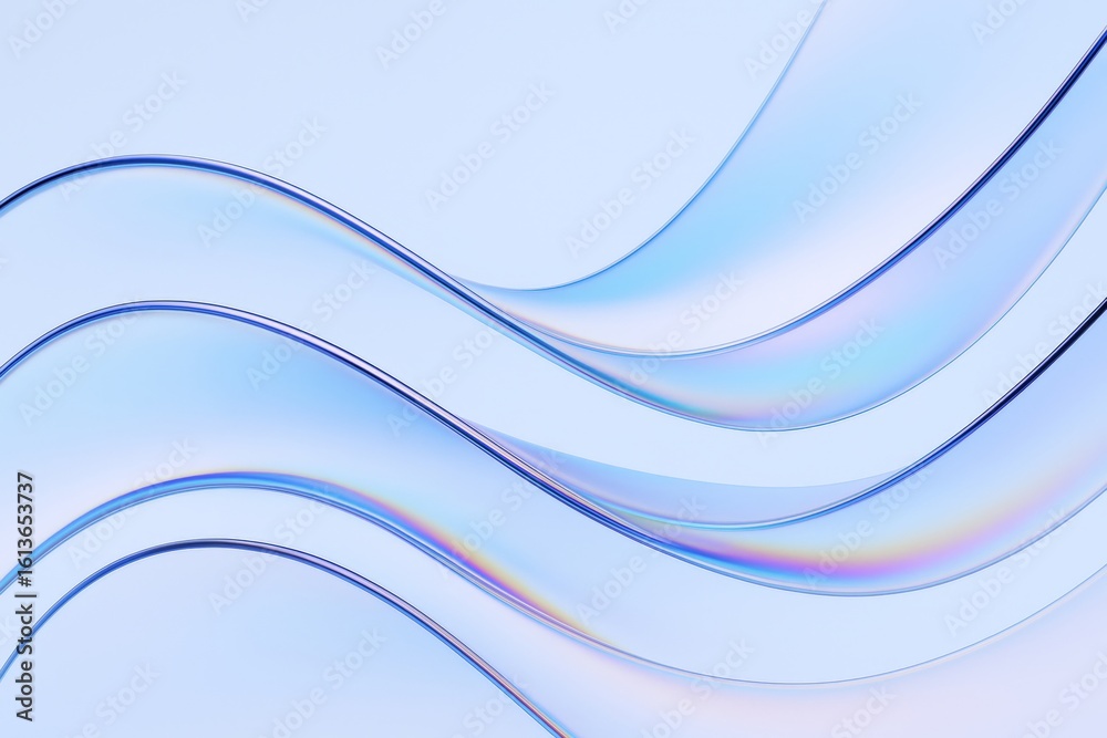 Obraz premium Smooth, translucent curves gracefully flow across a light blue backdrop, creating a mesmerizing visual with iridescent highlights, perfect for modern and elegant designs