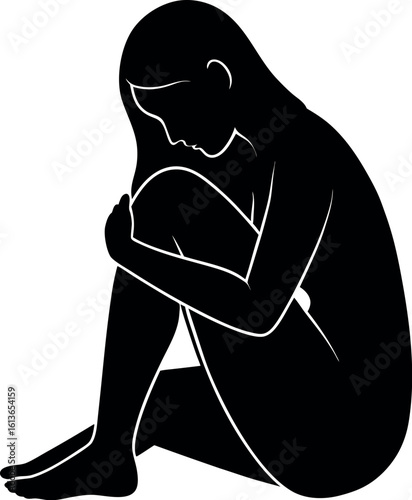 Vector art of a silhouette of a sad and depressed woman sitting alone, isolated on white background
