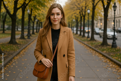 Young Woman in Camel Coat Strolling Through Tree-Lined Avenue in Autumn