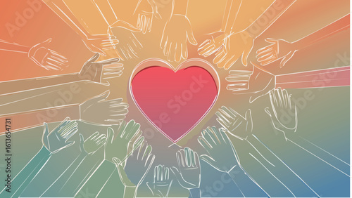Sophisticated line illustration of hands supporting a central heart, emphasizing compassion, unity, kindness, and mutual aid with clean, refined artistry.
