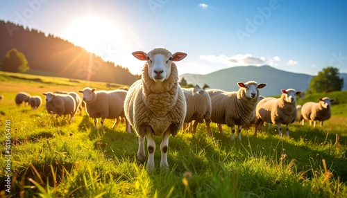 Sheep flock in a sunlit pasture, mountains in the background