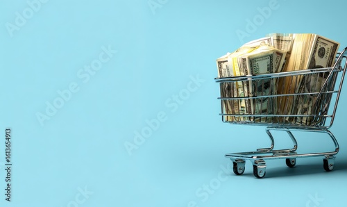 Shopping cart filled with money on a light blue background (2)