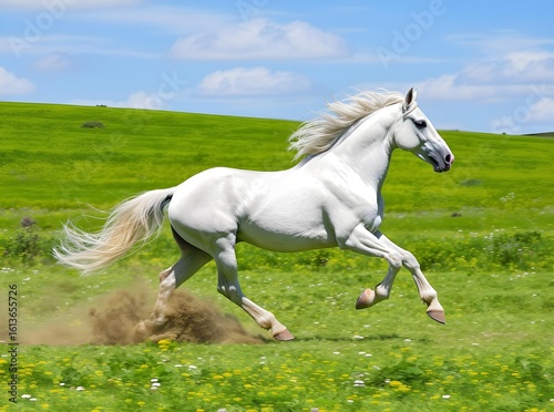 White Horse Galloping Across a Green Meadow
