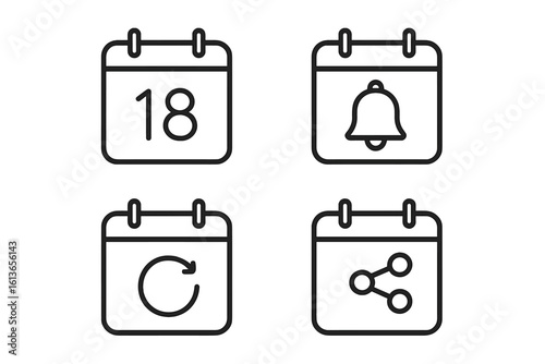 Calendar app icon set. Vector outline icons for UI and UX design. Includes date picker, reminder bell, recurring event, and sharing symbols for web and mobile use.