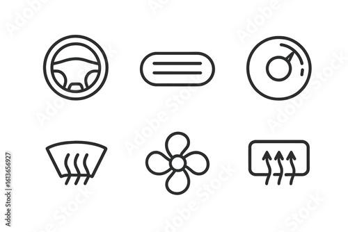 Car climate control icons set. Vector outline symbols for automobile dashboard. Includes AC vent, temperature dial, fan speed, front and rear defrost, and steering wheel pictogram.