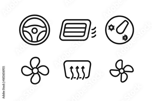 Car climate control icon set. Automobile dashboard outline symbols. Air conditioning, heating, fan speed, defrost and vent buttons. Vector line art illustration.