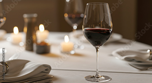 Wallpaper Mural A wine glass filled with red wine on a white linen tablecloth at a dinner table, with candlelight and cutlery blurred in the background Torontodigital.ca