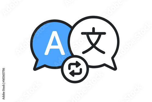 Language translation icon. Chat bubbles for multilingual communication. Online translator, dictionary app logo. Foreign language learning, international business, global exchange.