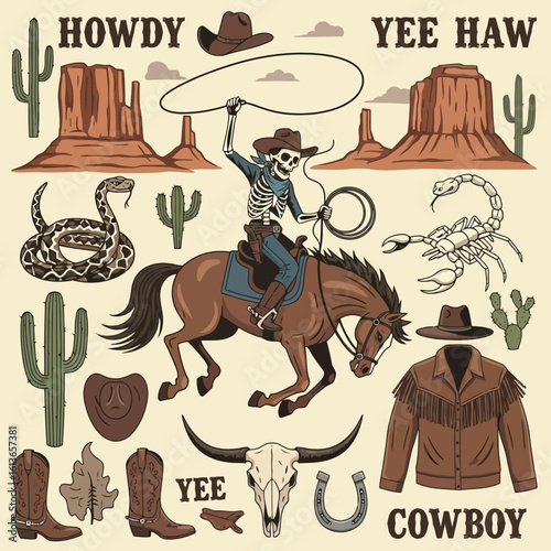 Skeleton cowboy riding horse lassoing desert cactus