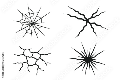 Crack and fissure vector set. Broken surface and shattered glass effect. Fractured ground, damaged wall, or ice texture. Abstract destruction, impact, and explosion effect.