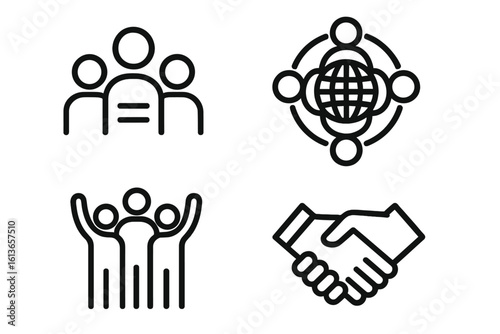 Diversity and inclusion line icon set. Concepts of equality, global unity, partnership, teamwork, community, and collaboration. Handshake, people group, world vector icons.