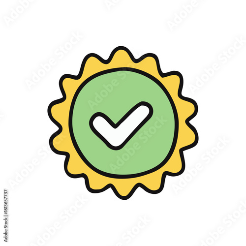 Green checkmark inside a golden starburst badge for approval and quality