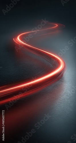Red light trail curving on dark surface