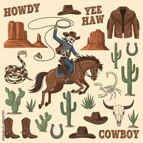 Skeleton cowboy riding horse lassoing desert landscape