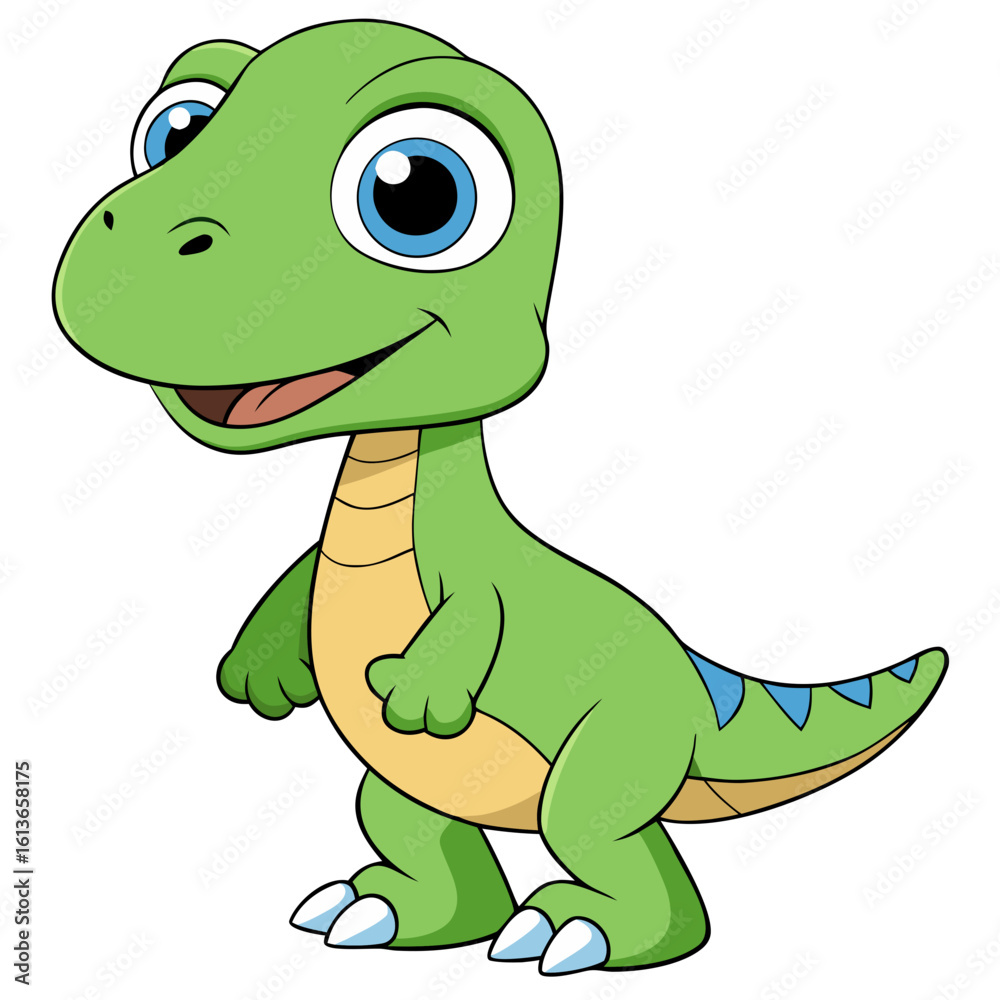 Fototapeta premium Cute Cartoon Dinosaur with Big Eyes and Tiny Arms - Adorable Upright Dino Illustration PNG