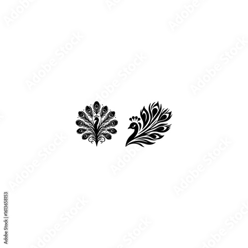 Vector silhouette of a Peacock feather logo design, Hand drawn Peacock feather set.