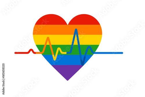 ECG heartbeat on a rainbow heart. LGBT pride vector illustration. Medical, healthcare, and cardiology concept. Gay, lesbian, queer love symbol. Heart rate pulse graphic.