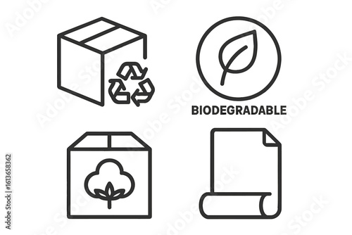 Eco friendly packaging icon set. Outline symbols for sustainable products. Recycled box, biodegradable leaf, natural cotton fiber, and kraft paper roll vector icons.