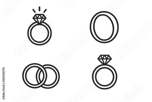 Engagement ring and wedding band vector icon set. Diamond ring illustration. Love and marriage symbol for invitation. Jewelry line art graphic. Proposal and romance concept.