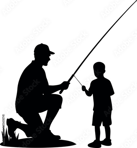 Vector art of a father and son are fishing together, a silhouette illustration of a bonding moment
