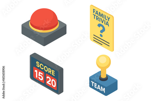 Family trivia game night vector icon set. Isometric quiz show elements with red buzzer button, team joystick, electronic scoreboard, and question card for family competition.