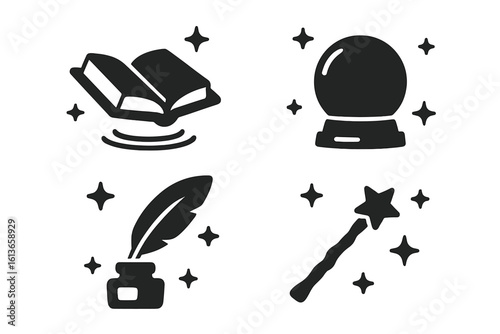 Magic and fantasy solid glyph icon set. Collection includes spell book, crystal ball for fortune telling, feather quill with ink, and a wizard's magic wand. Vector.